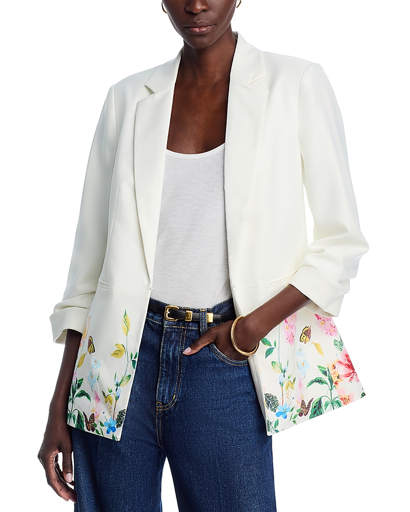 T Tahari Printed Notch Collar Seamed Scrunch Sleeve Blazer