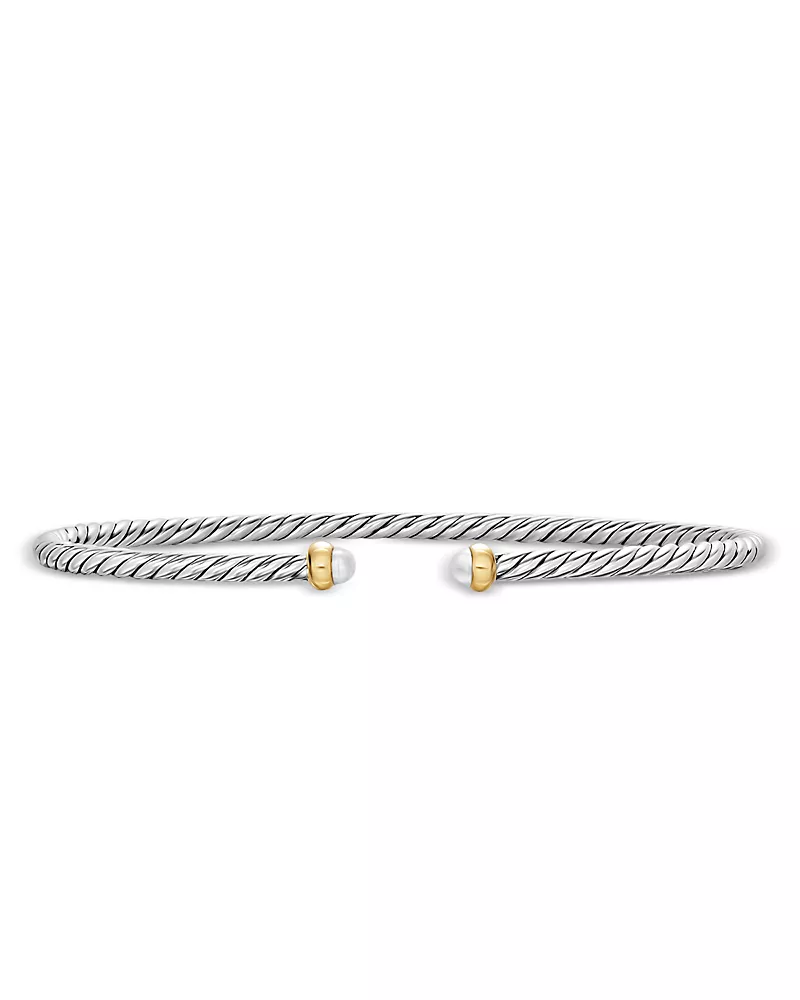 Micro Cable Flex Bracelet in Sterling Silver with 14K Yellow Gold and Pearls, 2.6mm
