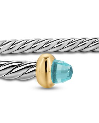 Micro Cable Flex&reg; Bracelet in Sterling Silver with 14K Yellow Gold and Aquamarine, 2.6mm