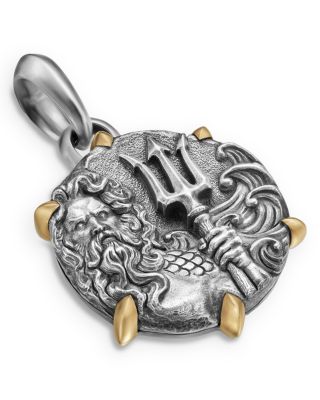 Men's Poseidon Amulet in Sterling Silver with 18K Yellow Gold, 26.4mm