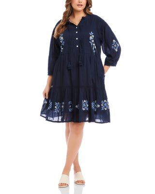 Plus Size Blouson Sleeve Embroidered Lace Trim Tiered Dress