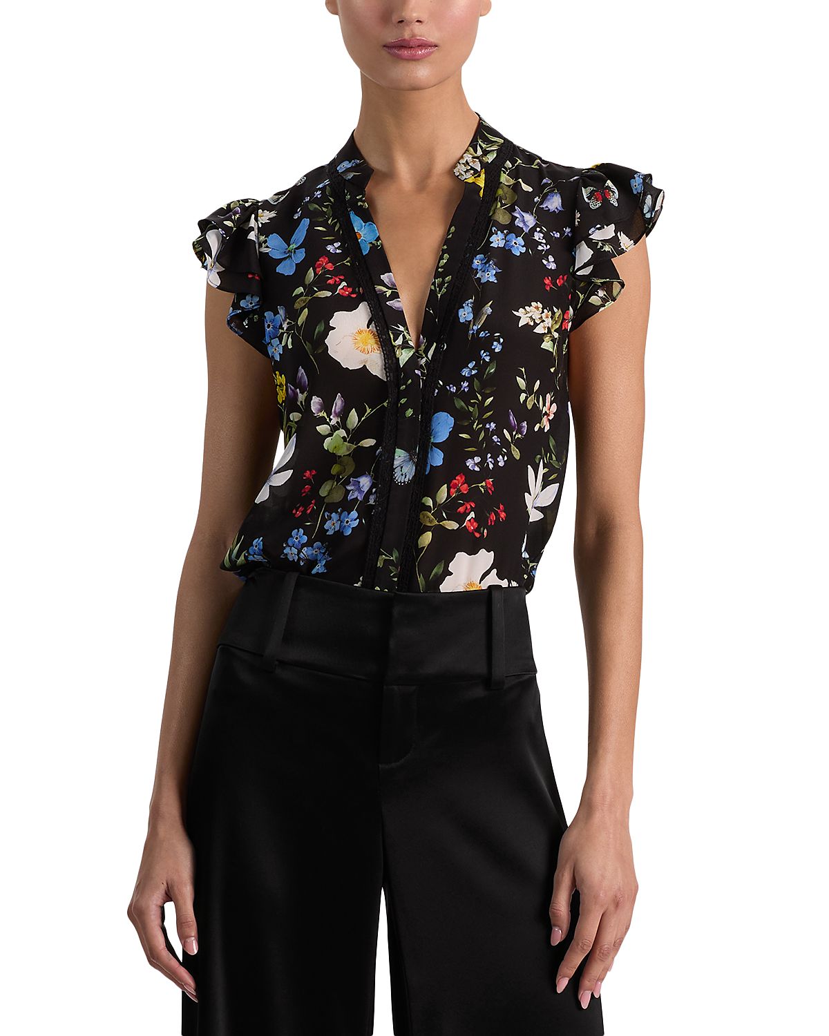 Alice and Olivia Arlette Flutter Sleeve Silk Top