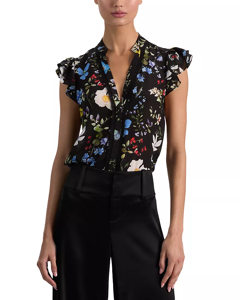 Alice and Olivia Arlette Flutter Sleeve Silk Top