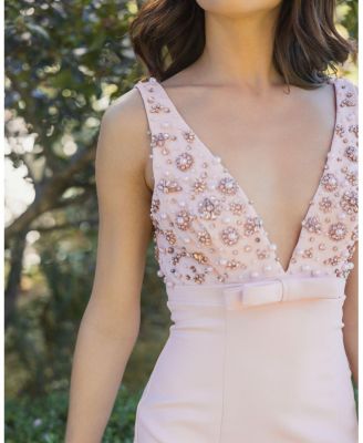 Crepe Sleeveless Beaded V Neck Gown with Bow