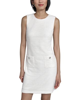 Flower Button Sleeveless Knit Tweed Sheath Dress