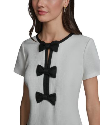 Contrast Framing Bow Short Sleeve Summer Tweed Shift Dress