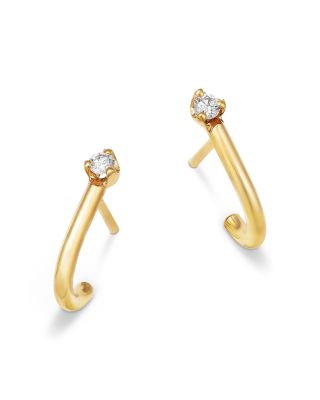 14K Yellow Gold Prong Diamonds J Hoop Earrings