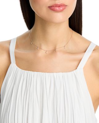 14K Yellow Gold Prong Diamonds Flower Cluster Dangle Station Necklace, 14-16"