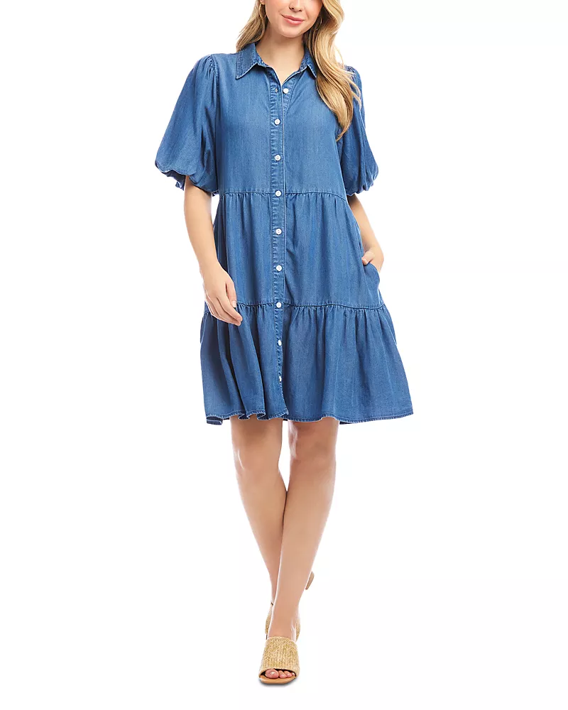 Karen Kane Petite Size Puff Sleeve Tiered Shirtdress