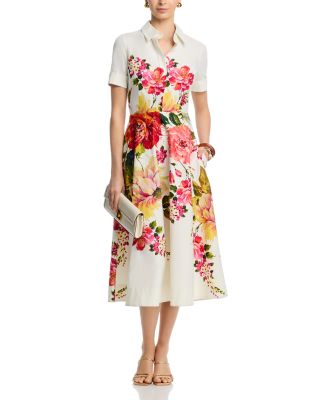 Bold Floral Print Shirt Midi Dress