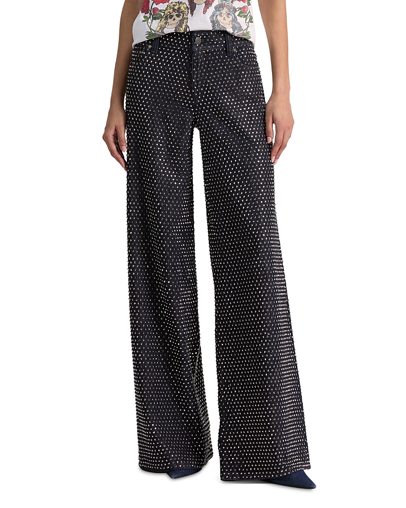 Alice and Olivia Amazing Mid Rise Embellished Jeans in Dark Rinse/Hematite