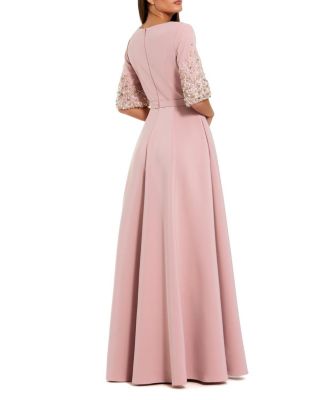  3/4 Sleeve Crepe Gown With Sleeve Embellishments