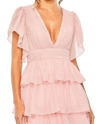 Flutter Sleeve Ruffle Tiered Gown