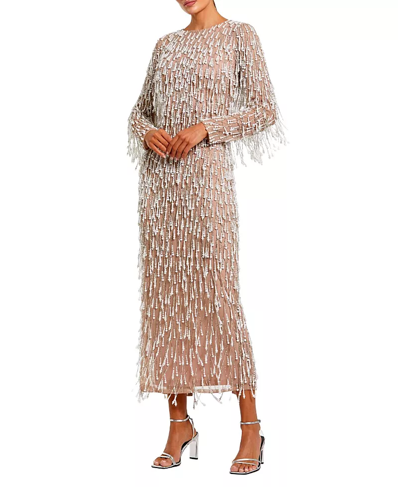 Mac Duggal Long Sleeve Midi Dress with Embellished Fringe