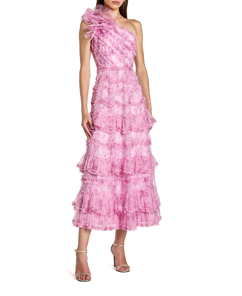 Mac Duggal Printed One Shoulder Ruffled A Line Midi Dress