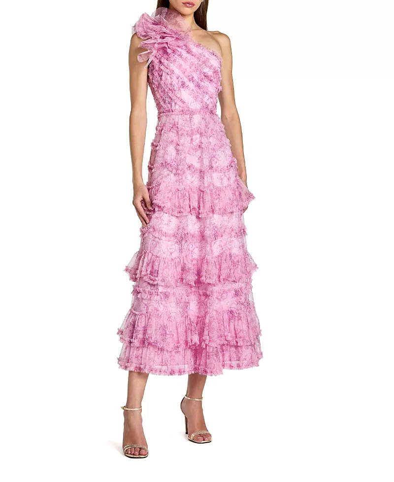Mac Duggal Printed One Shoulder Ruffled A Line Midi Dress