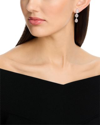 Diamond Round & Baguette Cluster Drop Earrings in 14K White Gold, 1.50 tcw