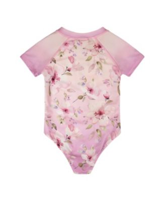 Girls' One-Piece Short Sleeve Flower Swimsuit - Little Kid