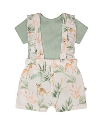 Girls' Pointelle Onesie and Cotton Muslin Peach Deer Printed Shortall Set - Baby