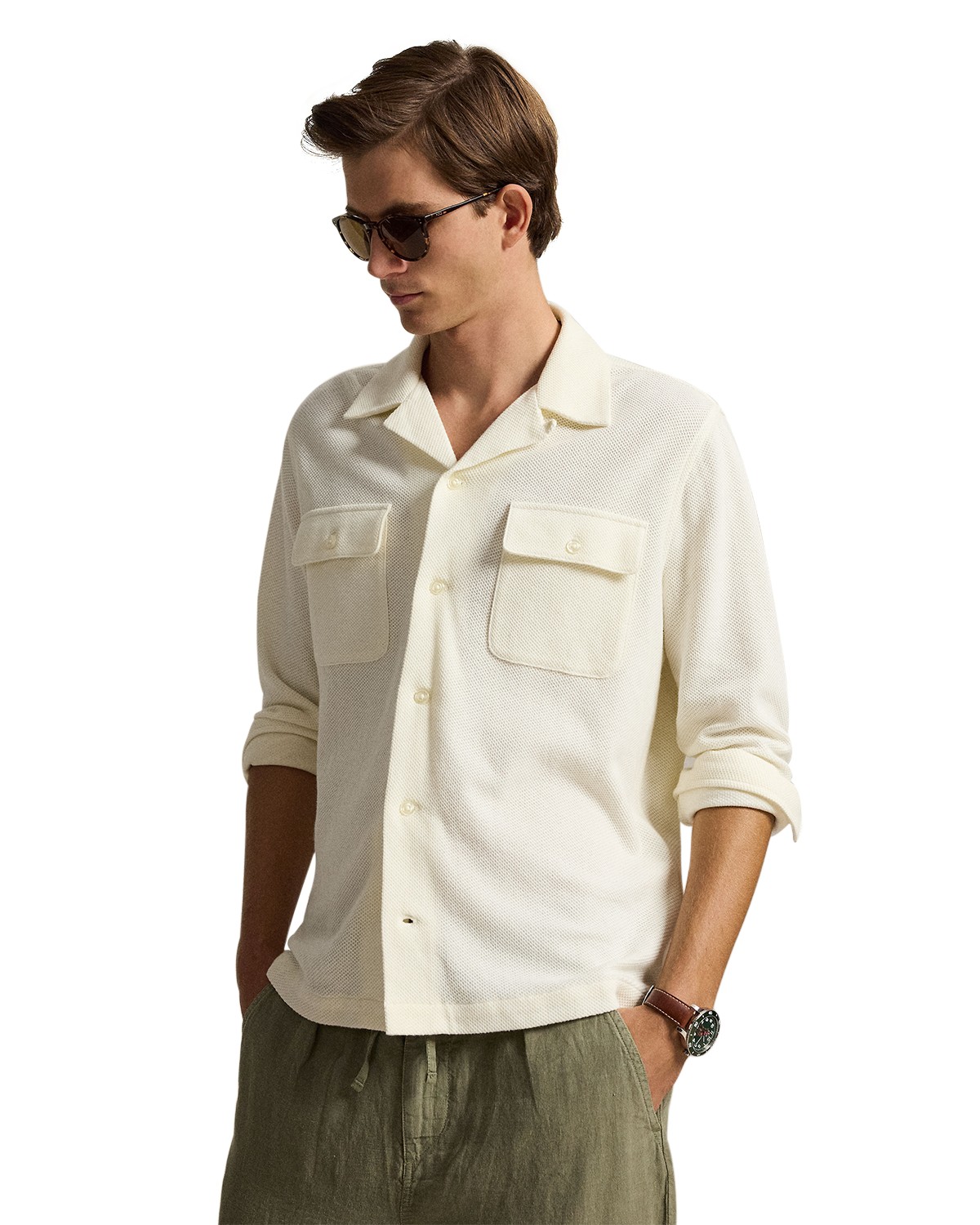 Polo Ralph Lauren Standard Fit Honeycomb Camp Shirt in Pale Cream