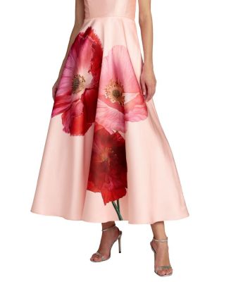 Strapless A Line Midi Dress with Flower Print