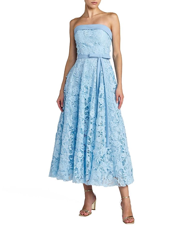 Mac Duggal Embroidered Lace Strapless Midi Dress with Bow Detail