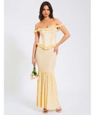  Ersilia Satin Lace Peplum Corset Off Shoulder Maxi Dress