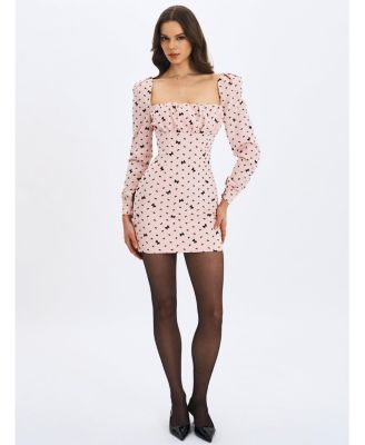  Perla Ruched Bust Velvet-Embossed Bow Mini Dress