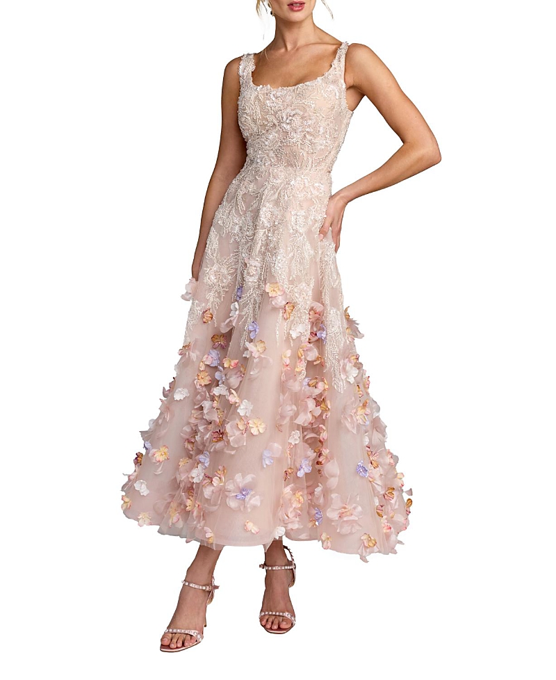 Mac Duggal Sleeveless Beaded With 3D Flowers Midi Dress