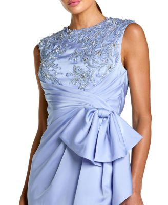  Sleeveless Satin Beaded Ankle Dress with Bow