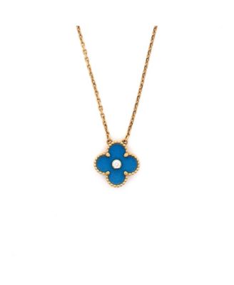 Vintage-Like Alhambra Pendant Necklace 18K Gold and Blue Sevres Porcelain with Diamond, 16.5"