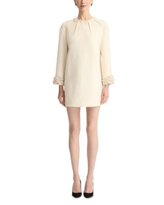 Long Sleeve Faux Pearl Embroidered Tweed Cocktail Dress