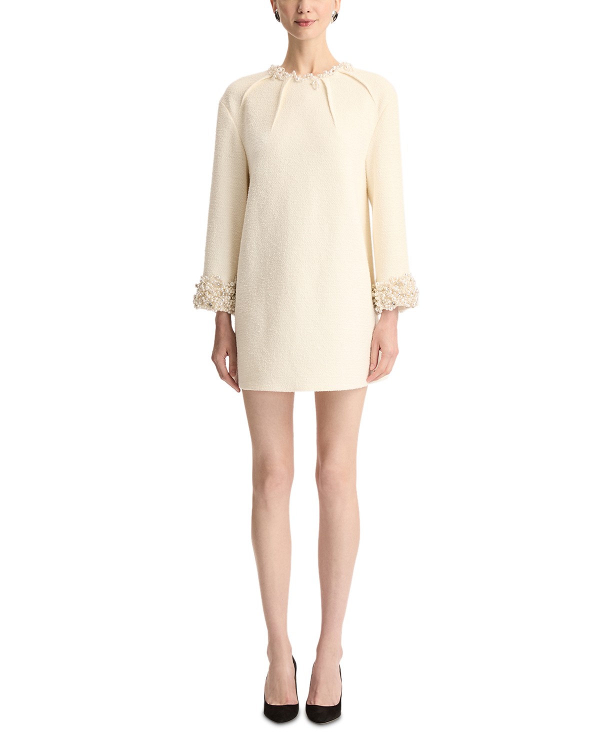 Oscar De La Renta Oscar de la Renta Long Sleeve Faux Pearl Embroidered Tweed Cocktail Dress in Ivory