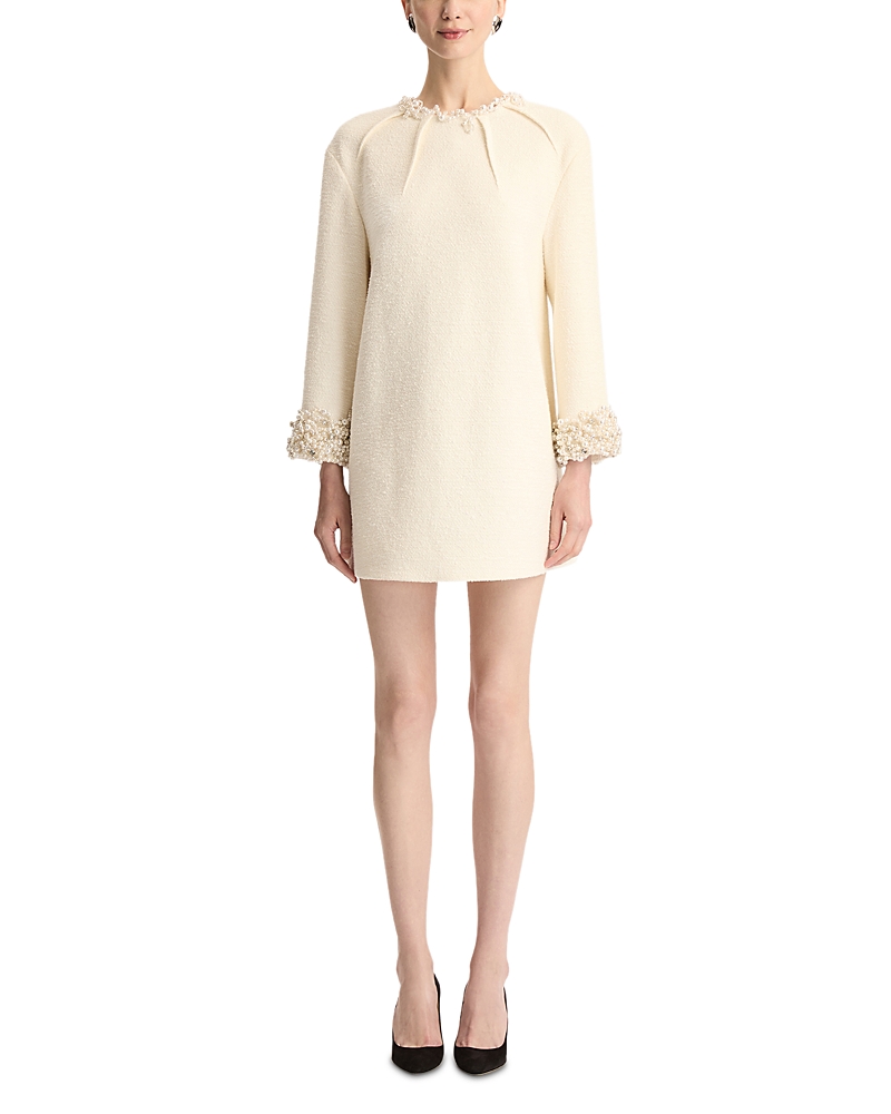 Oscar de la Renta Long Sleeve Faux Pearl Embroidered Tweed Cocktail Dress
