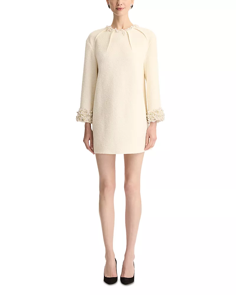 Oscar de la Renta Long Sleeve Faux Pearl Embroidered Tweed Cocktail Dress