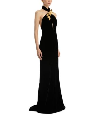 Halter Neck Velvet Gown with Gold Leaf Embroidery