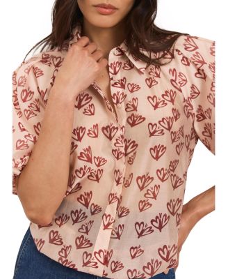  Women's Heart Print Puff Sleeve Shirt
