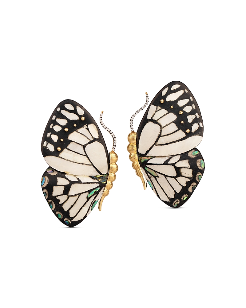 Silvia Furmanovich 18K Yellow Gold Kashmir Mother of Pearl, Abalone Inlay, & Diamond Butterfly Statement Earrings