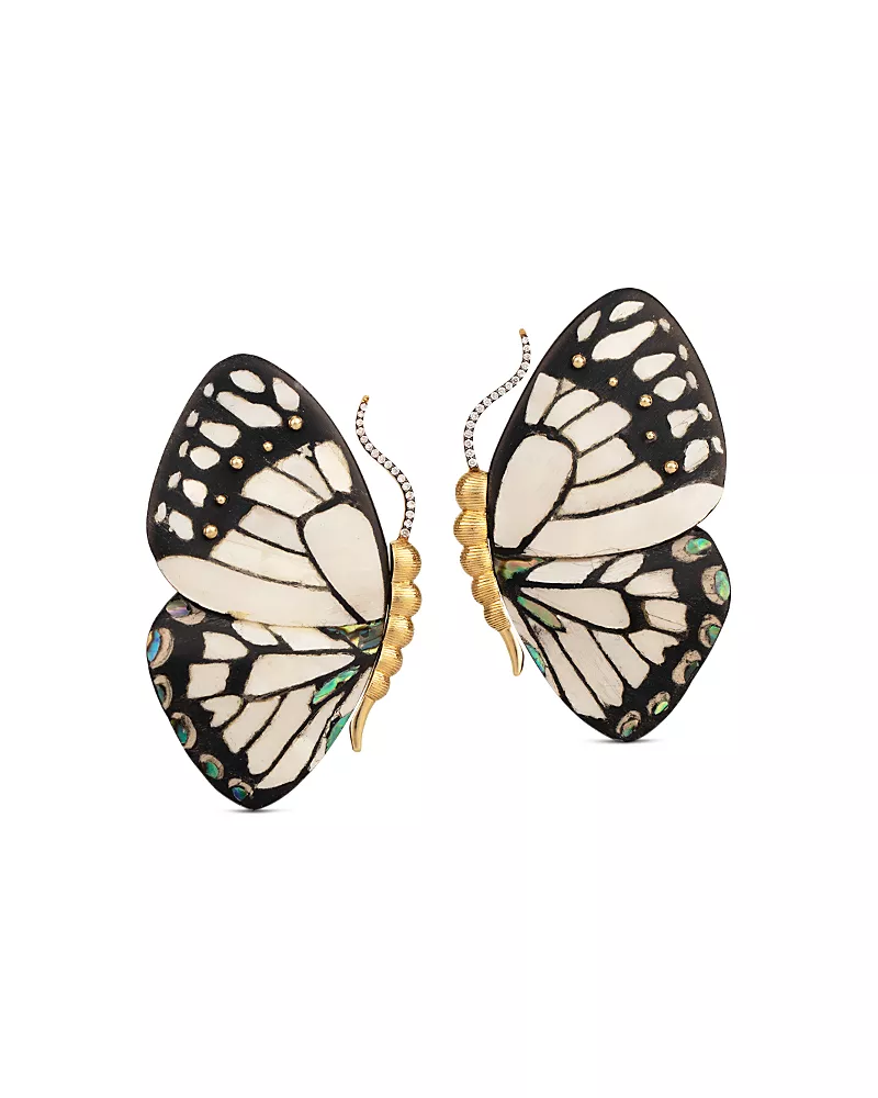 Silvia Furmanovich 18K Yellow Gold Kashmir Mother of Pearl, Abalone Inlay, & Diamond Butterfly Statement Earrings