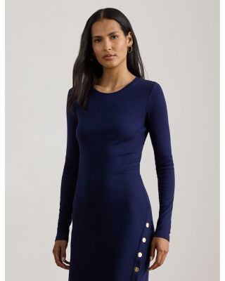 Button Trim Ribbed Cotton Blend Dress