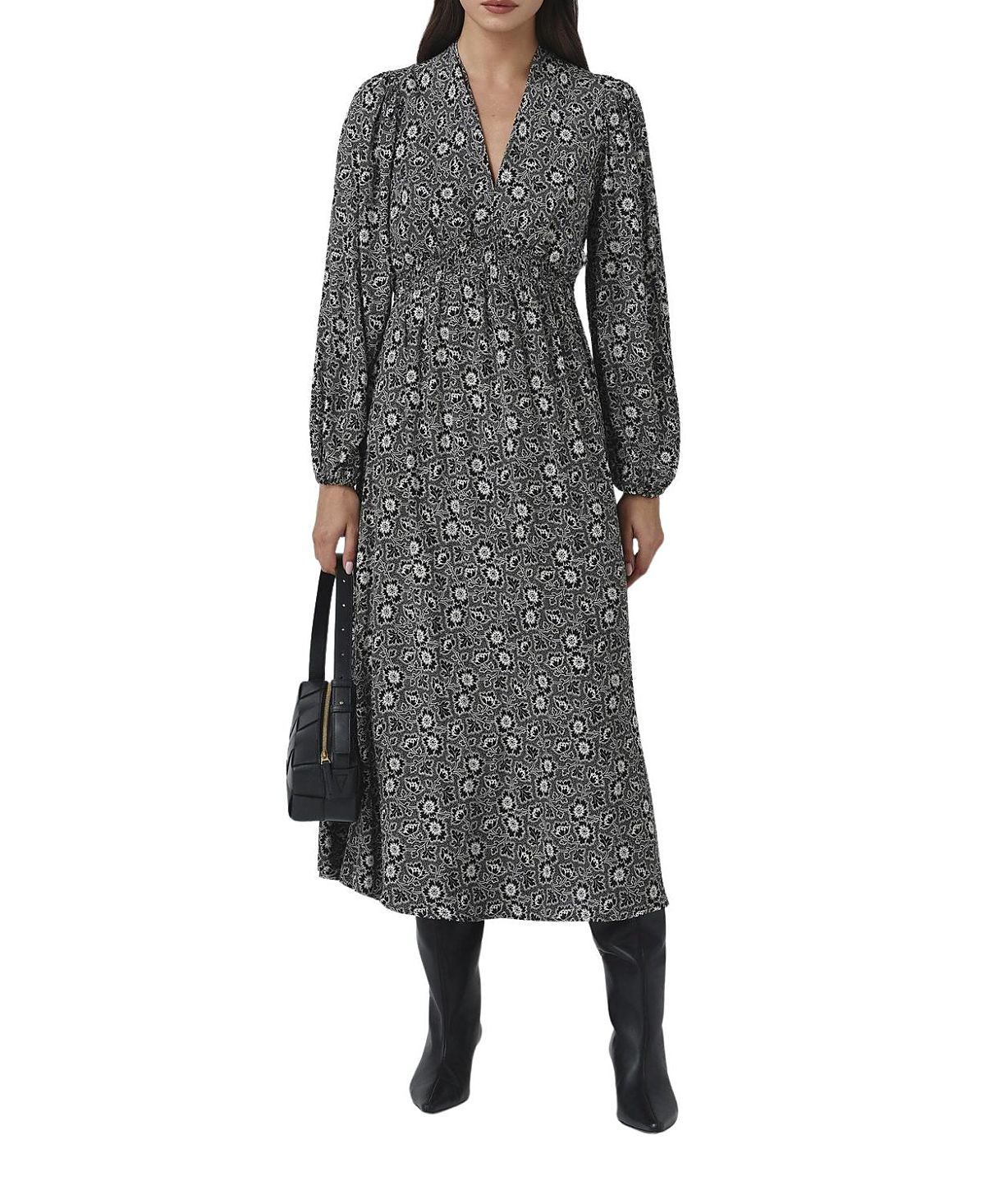 Ghost London Petal Crepe V Neck Midi Waisted Dress