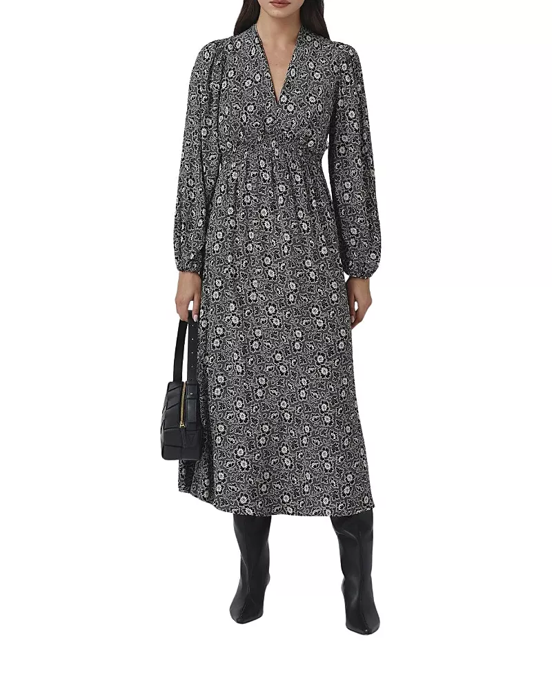 Ghost London Petal Crepe V Neck Midi Waisted Dress