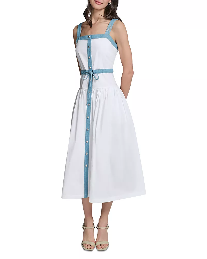 Karl Lagerfeld Paris Poplin Mixed Media Tiered Midi Dress