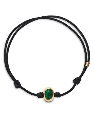 14K Yellow Gold Malachite Oval Cabochon Eye of the Idol Black Cord Bracelet