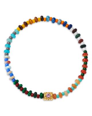 14K Yellow Gold Pink Sapphire Ingot Multicolor Glass & Agate Bead Bracelet