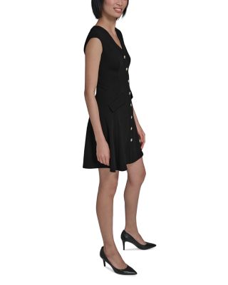 V Neck Button Front Fit And Flare Dress