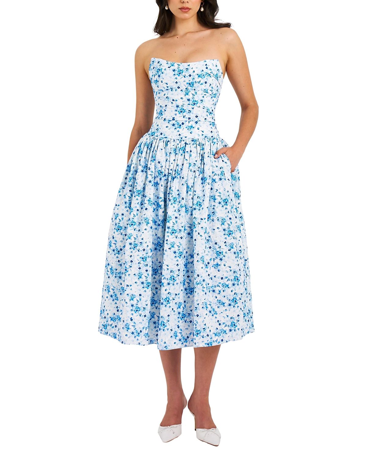 Miss Circle Paloma Print Linen Corset Draping Top Midi Dress