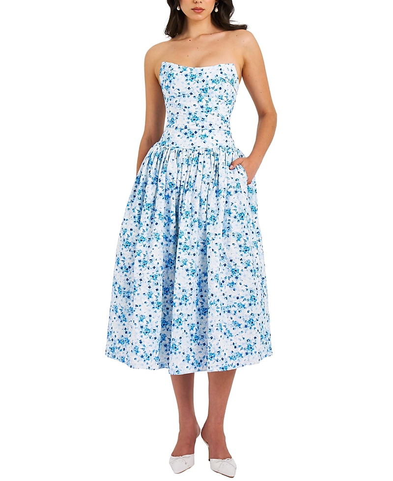Miss Circle Paloma Print Linen Corset Draping Top Midi Dress