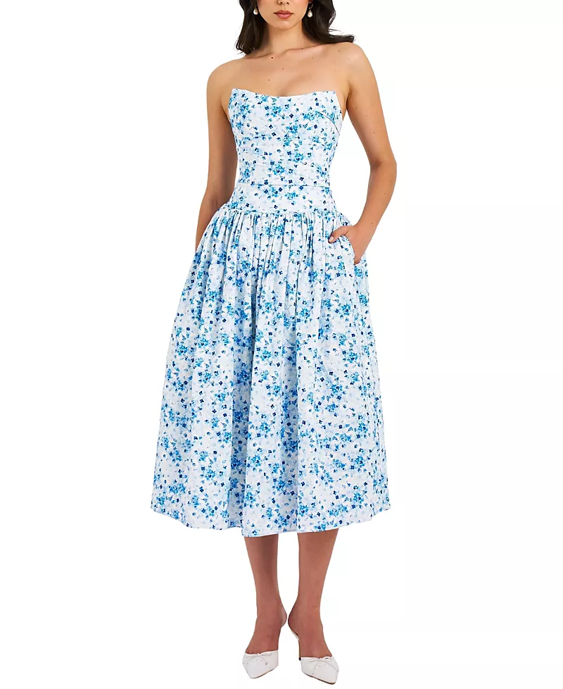 Miss Circle Paloma Print Linen Corset Draping Top Midi Dress