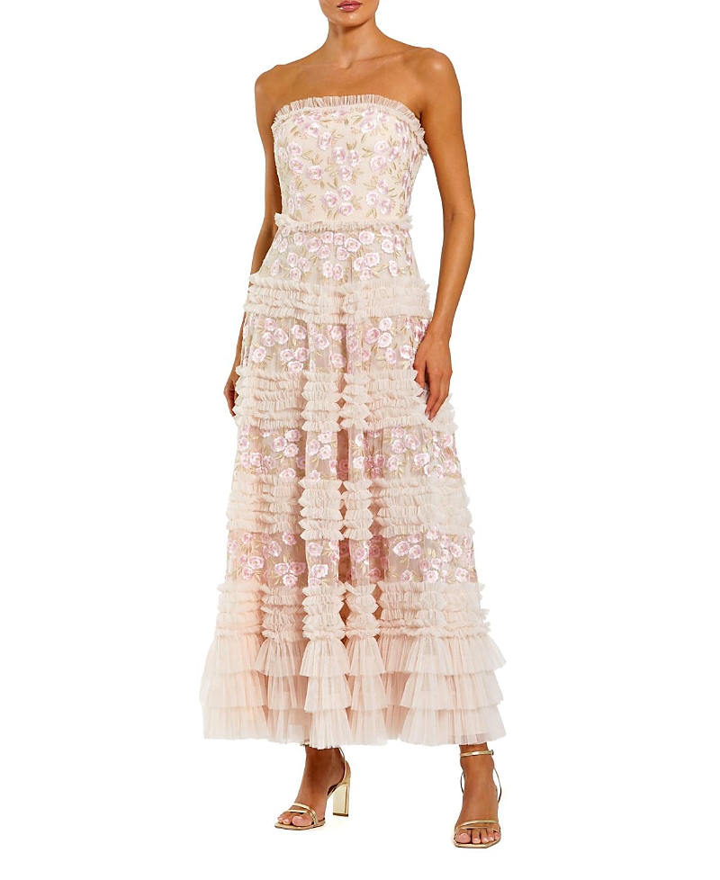 Mac Duggal Floral Embroidered Strapless Ruffle Midi Dress